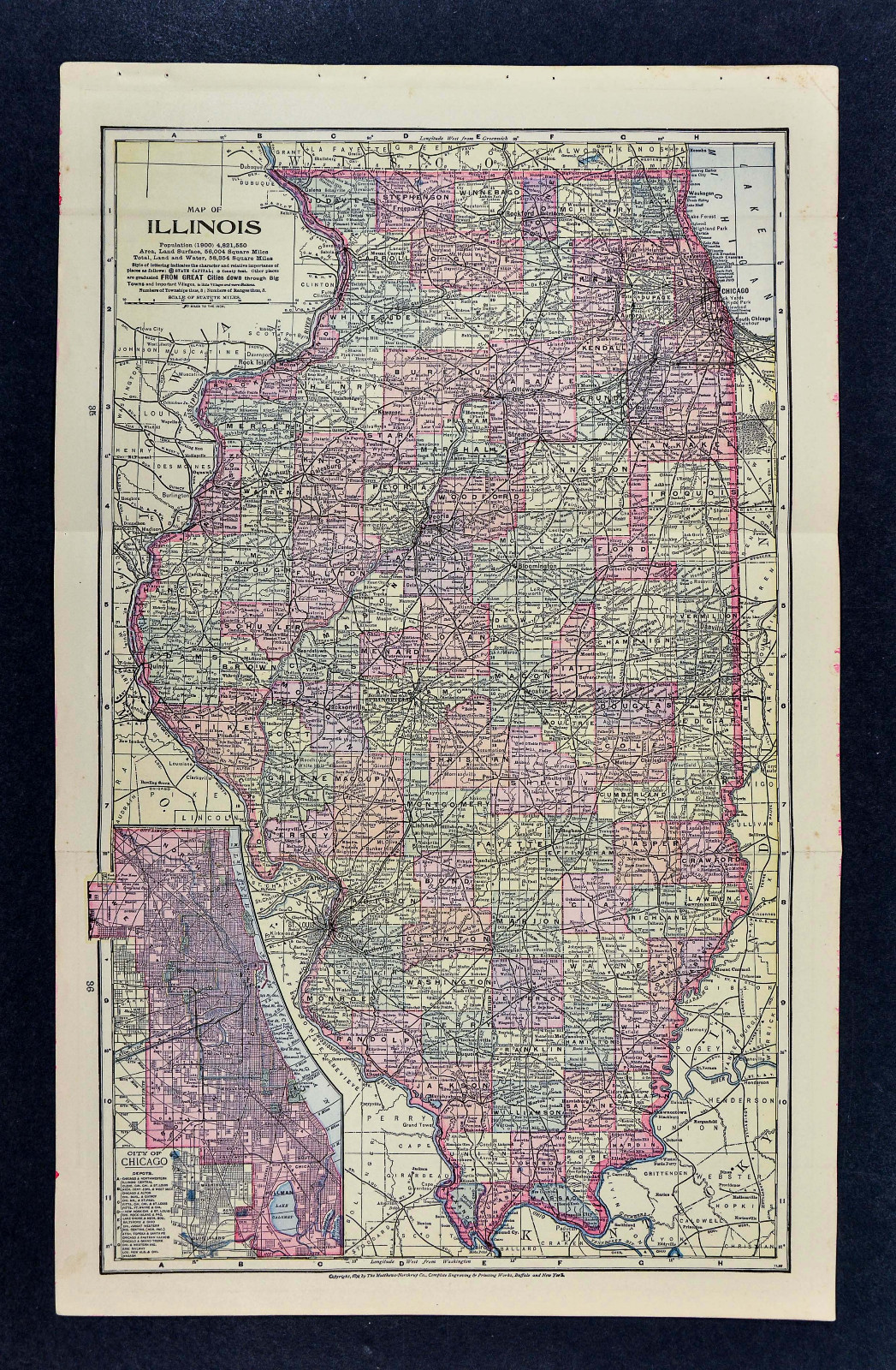 1898 Mathews Northrup Map Illinois Chicago Springfield Peoria Decatur 14×22