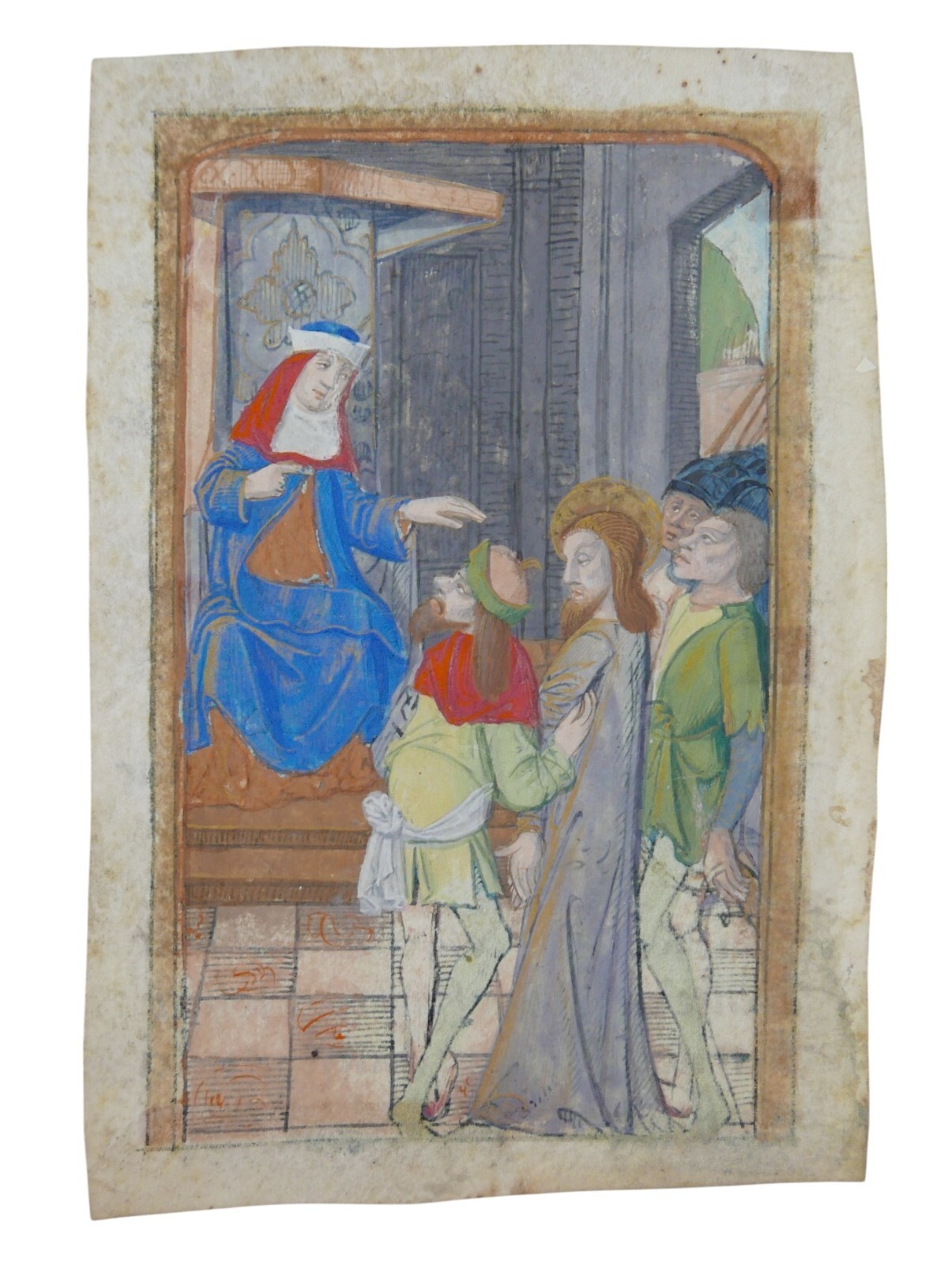 LATE 15TH CENTURY FRENCH ILLUMINATED MANUSCRIPT LEAF WITH CHRIST BEFORE CAIPHAS