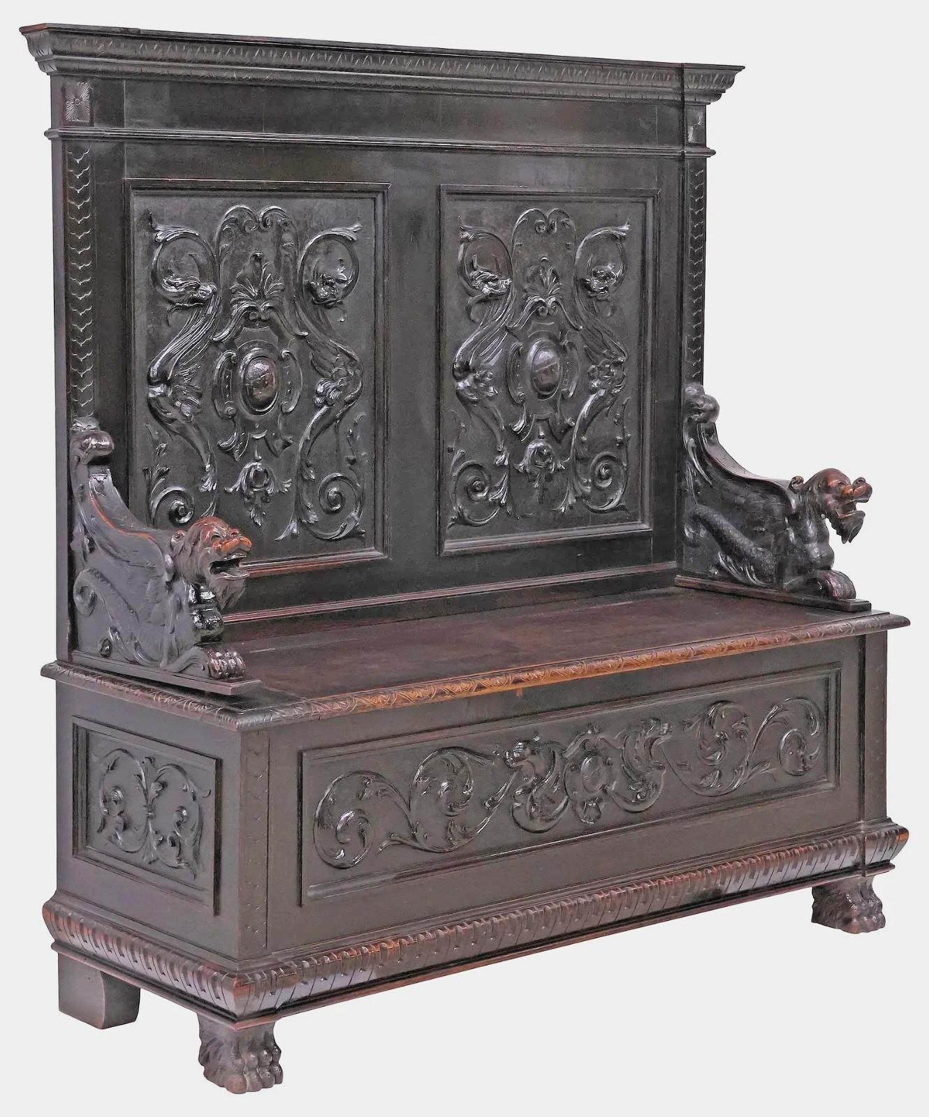 Hall Bench, Italian Renaissance Revival, Walnut, w/ Dragons, Storage, 1800s!