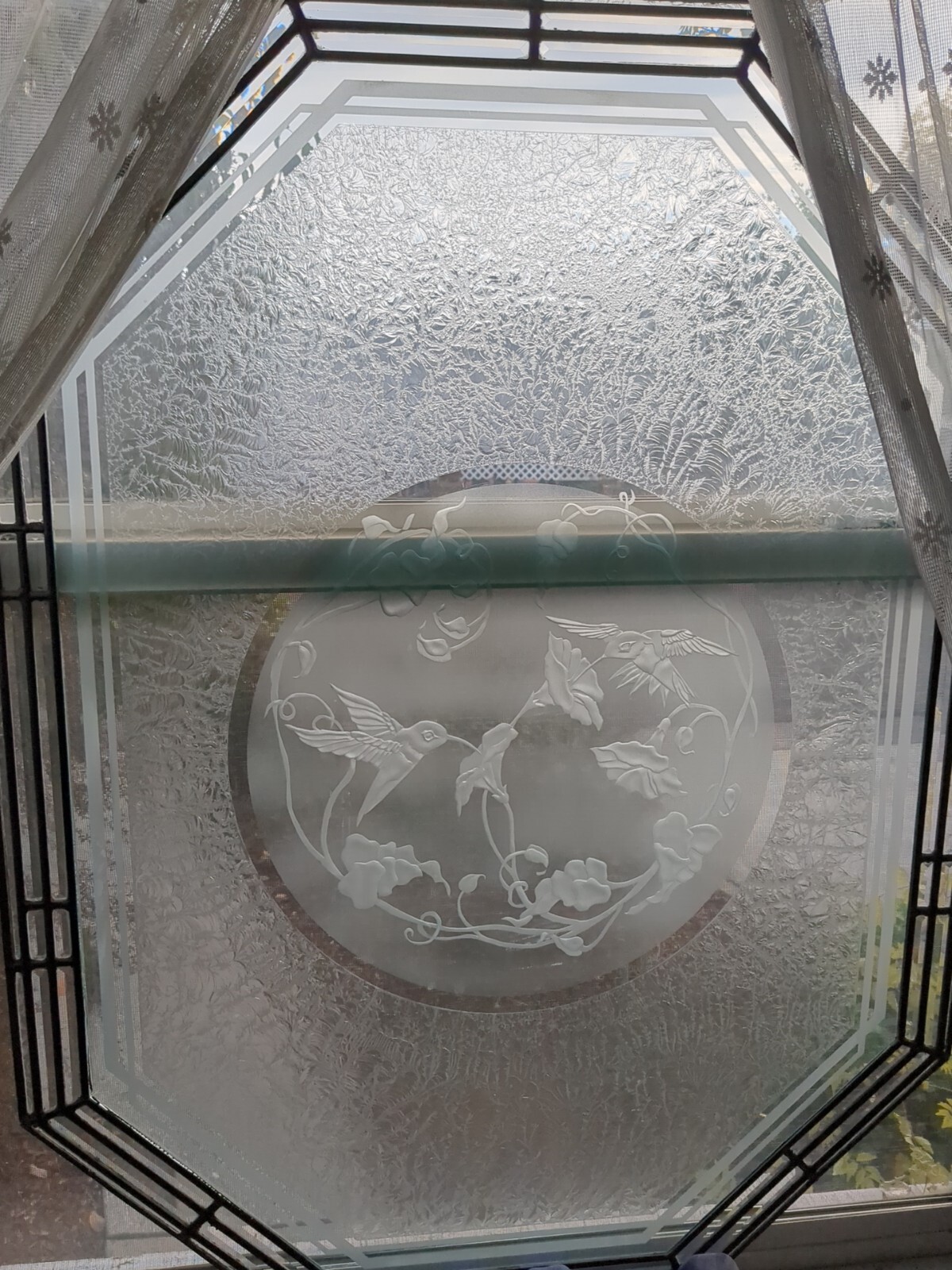 Decorative Glass Window Insert 45″ L X 33 1/2″ Hummingbird Flower Privacy