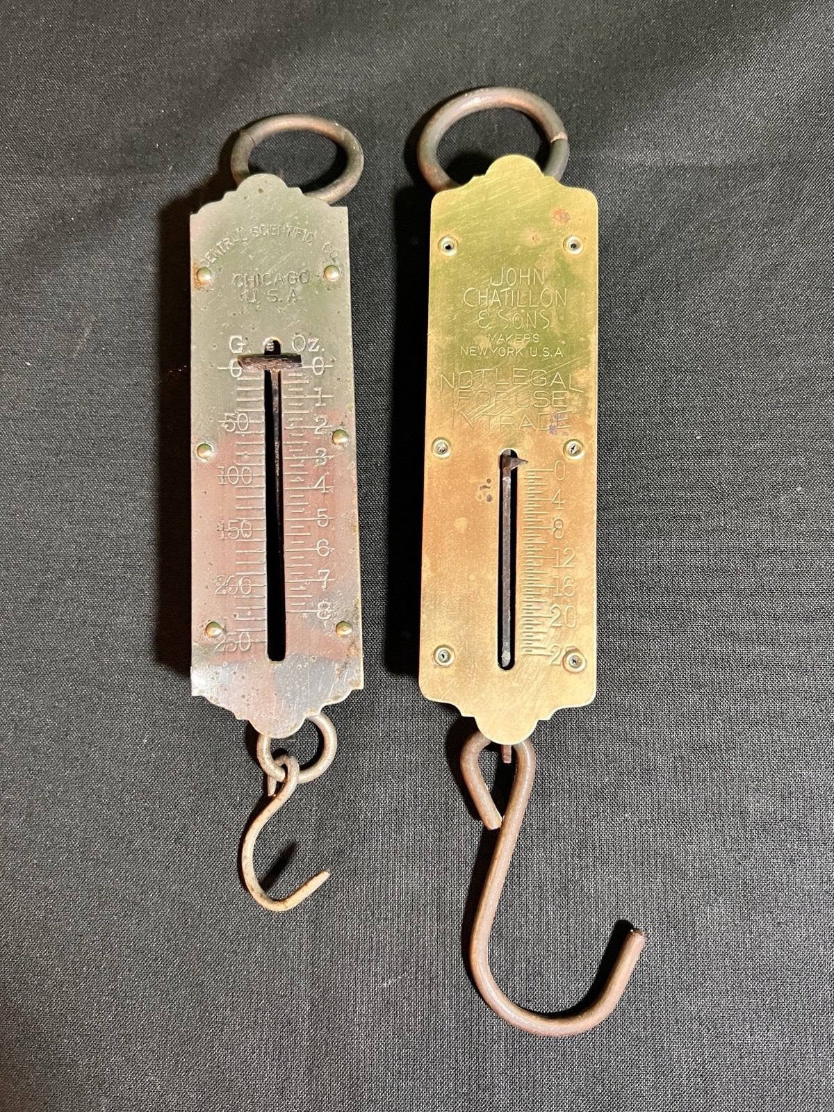2 Hanging Balance Scales Brass Chatillon 25# & Central Scientific 8oz Pre Owned