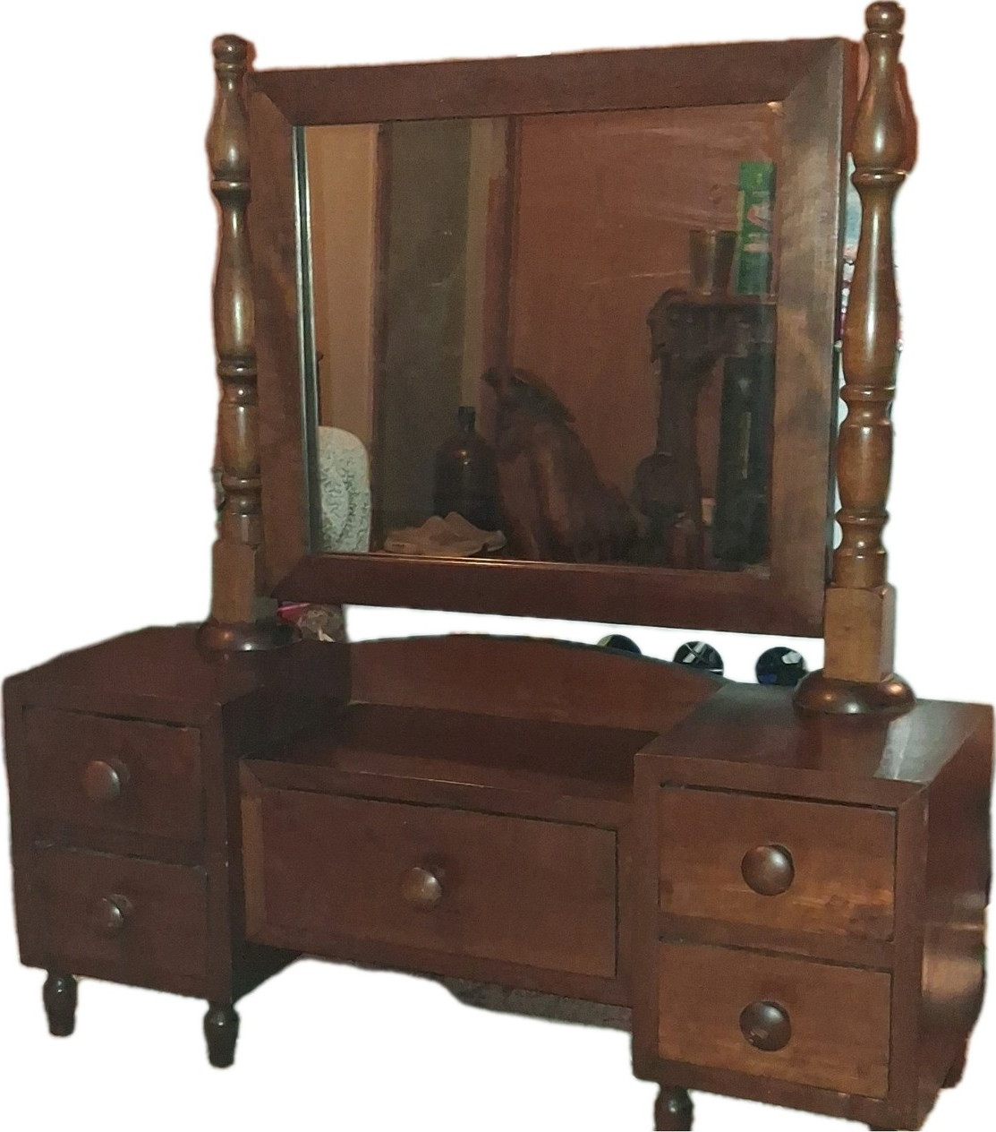 Antique Mahogany Finish Wooden Vanity Table, Rectangular Mirror, 5 Drawers