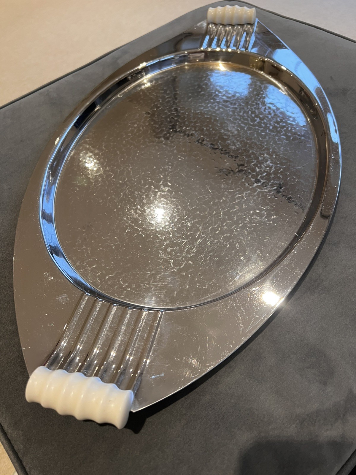 Art Deco style silver plated serving tray with hammered finish, circa 1930s