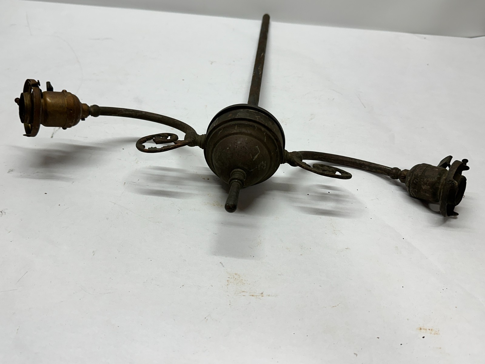 Antique Double Arm Brass Hanging Electric Light Fixture w/ Shade Holders Mica L1