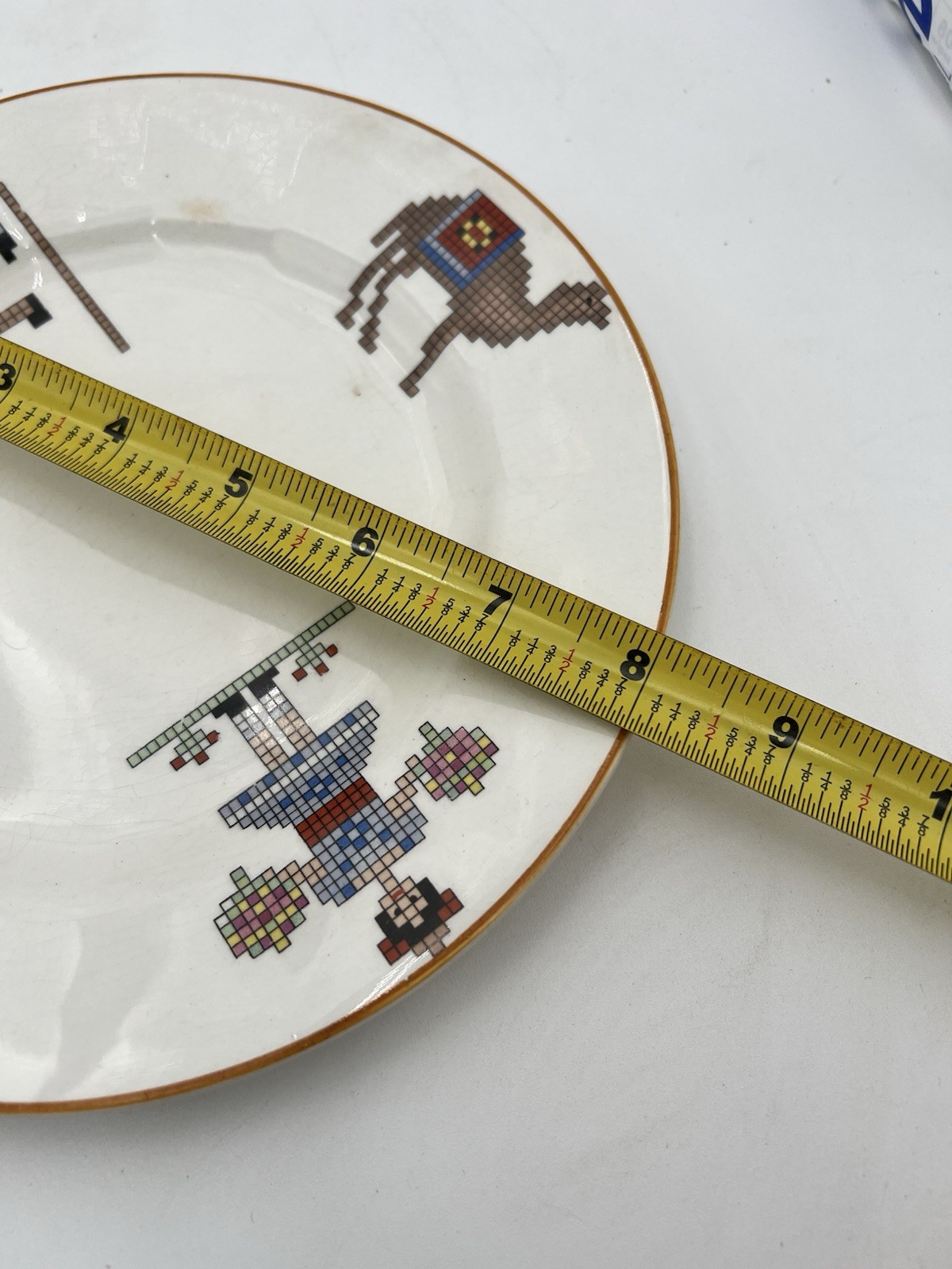 Antique Edwin M Knowles Vitreous Cross Stitch Design Child’s Teacup Saucer Plate