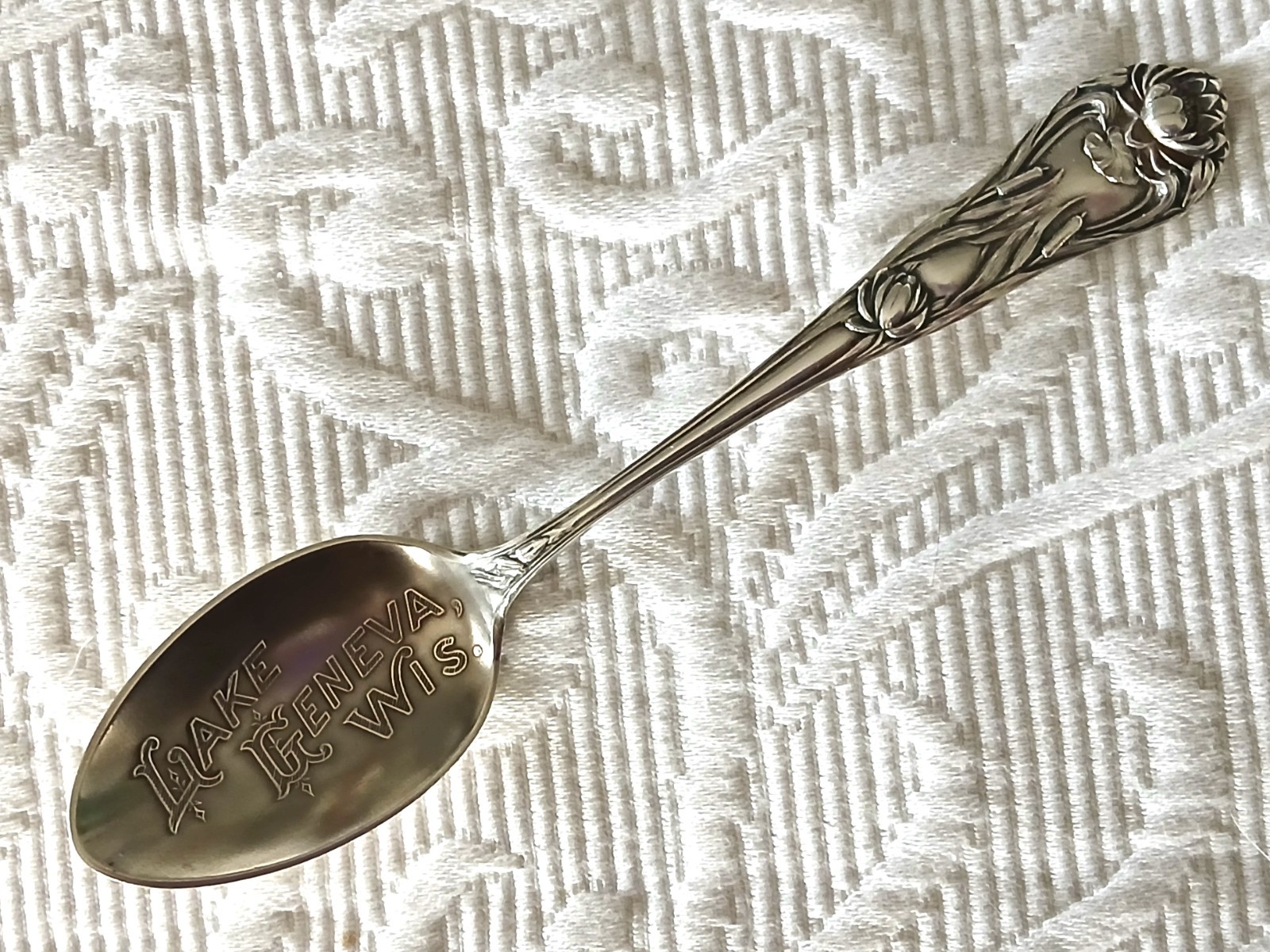 Antique Sterling SHEPARD Souvenir Teaspoon Water Lily Cat Tails LAKE GENEVA WIS