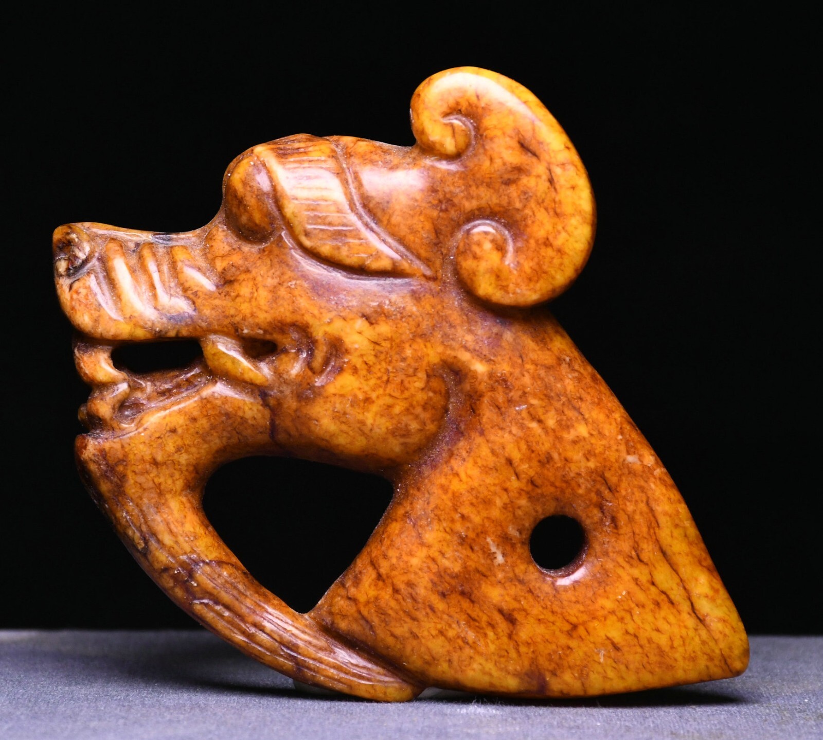 8CM Rare Chinese Dynasty Old Jade Carved Dragon Loong Beast Animal Head Statue