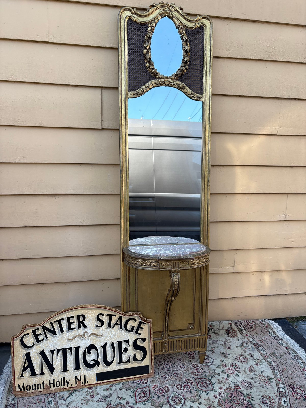 67785 Antique French Louis XV Style Pier Mirror with Marble Top