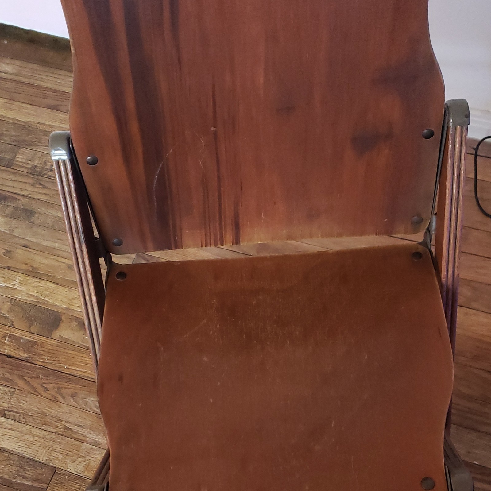 Antique Brown Wooden Folding Chair with Metal Hardware, Indoor, Foldable
