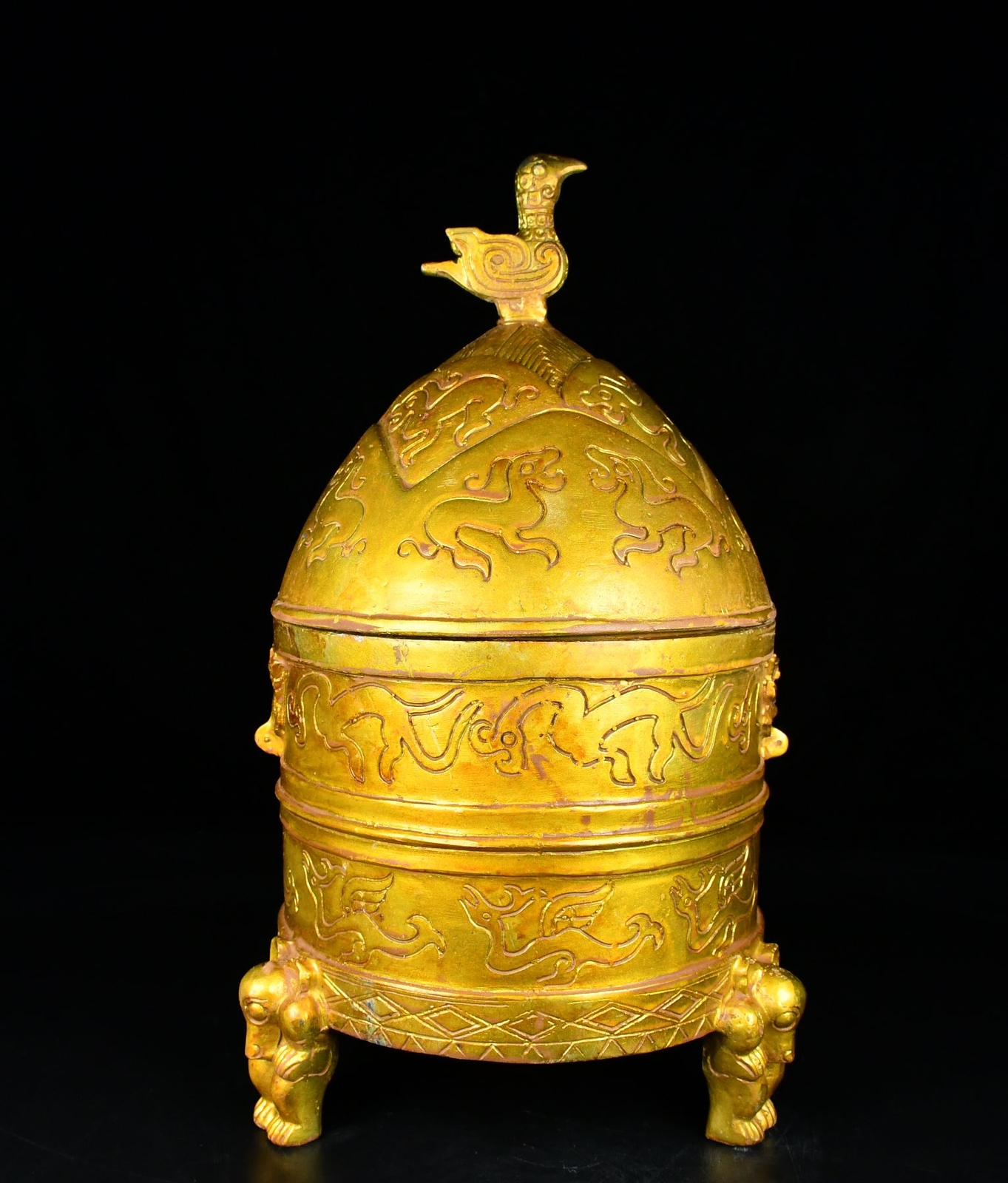 12″ old China antique the warring states bronze Gilding Standing Bird Warehouse
