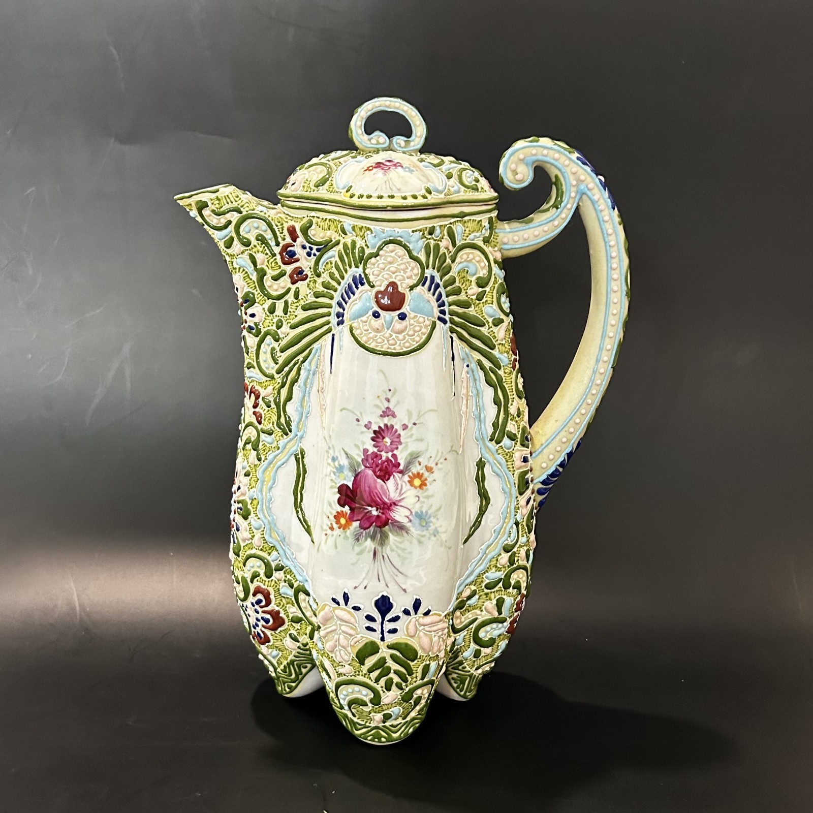 Antique Nippon Moriage Chocolate Pot Hand Painted Floral Art Nouveau Unmarked 9.