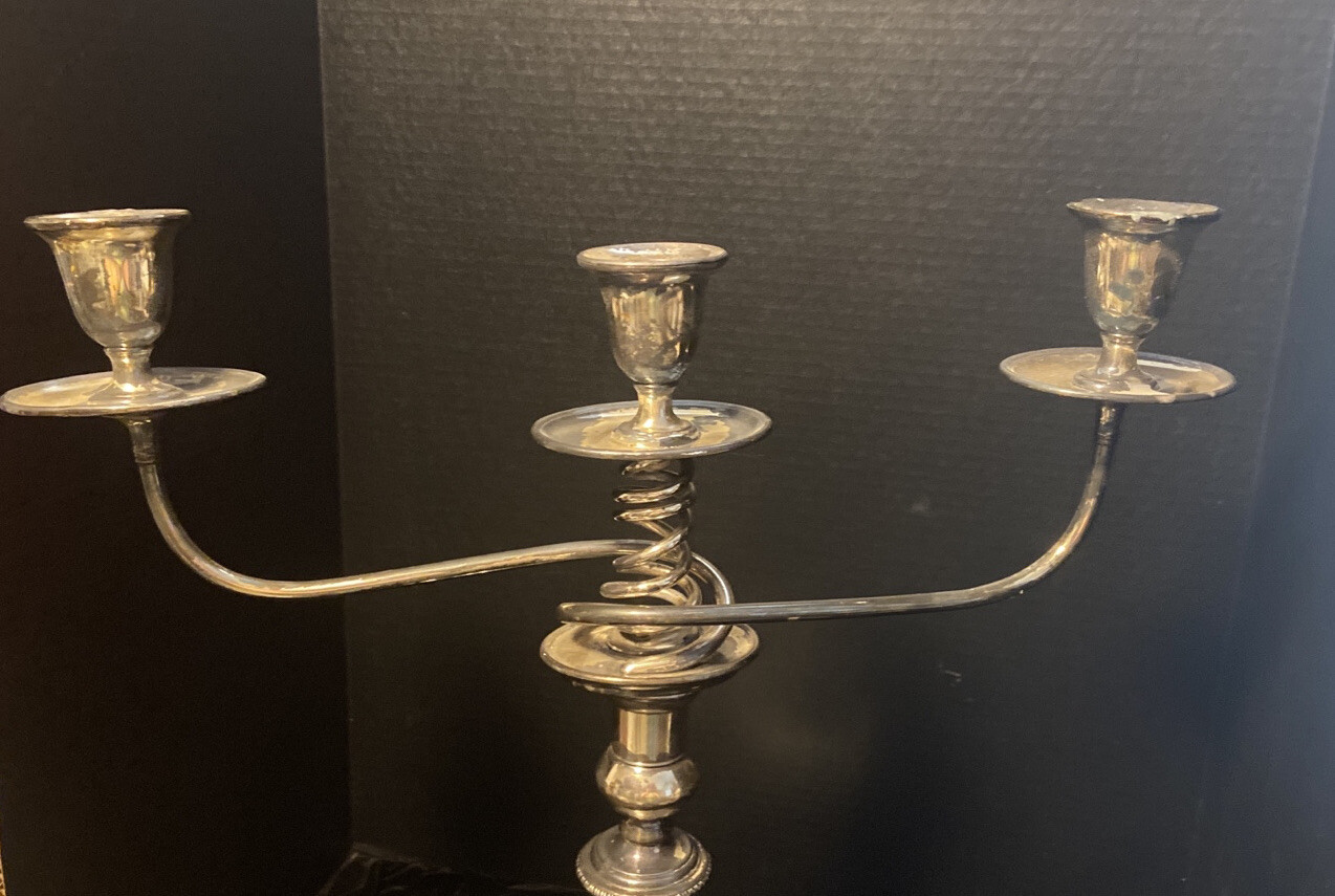 ANTIQUE CANDELABRA HIGH-QUALITY TWISTED ARM, THREE CANDLE SILVER PLATED TWO PART