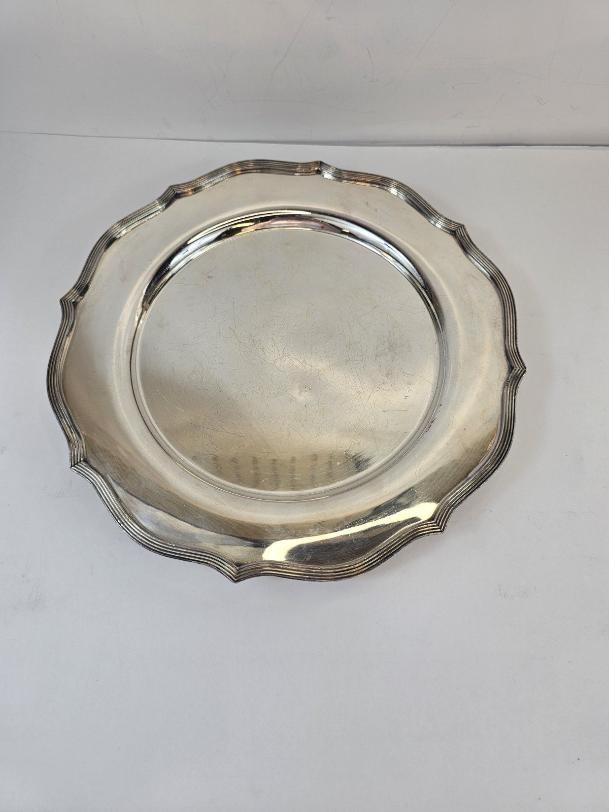 Marked LBS Co Shedfield English Regency Style Silver Plated Platter With Feet
