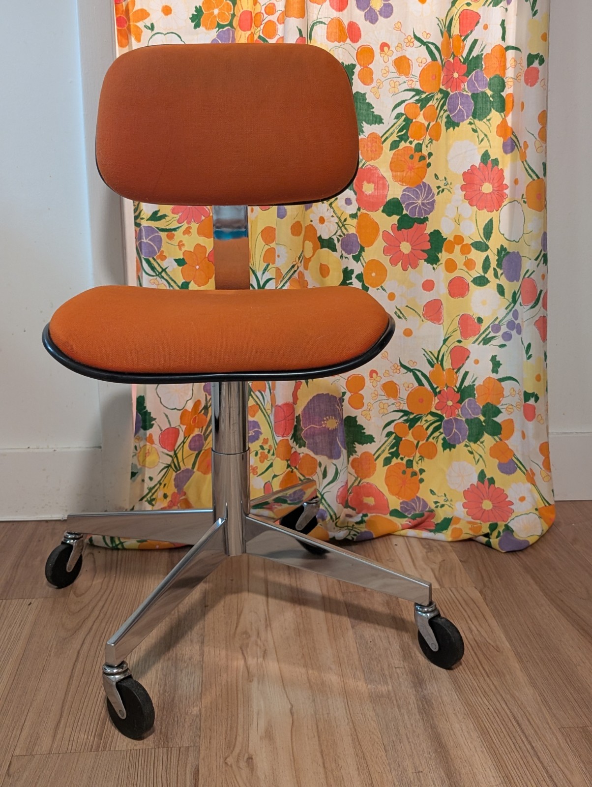 Vintage Steelcase Orange Chrome Mid-Century Modern Rolling Swivel Office Chair