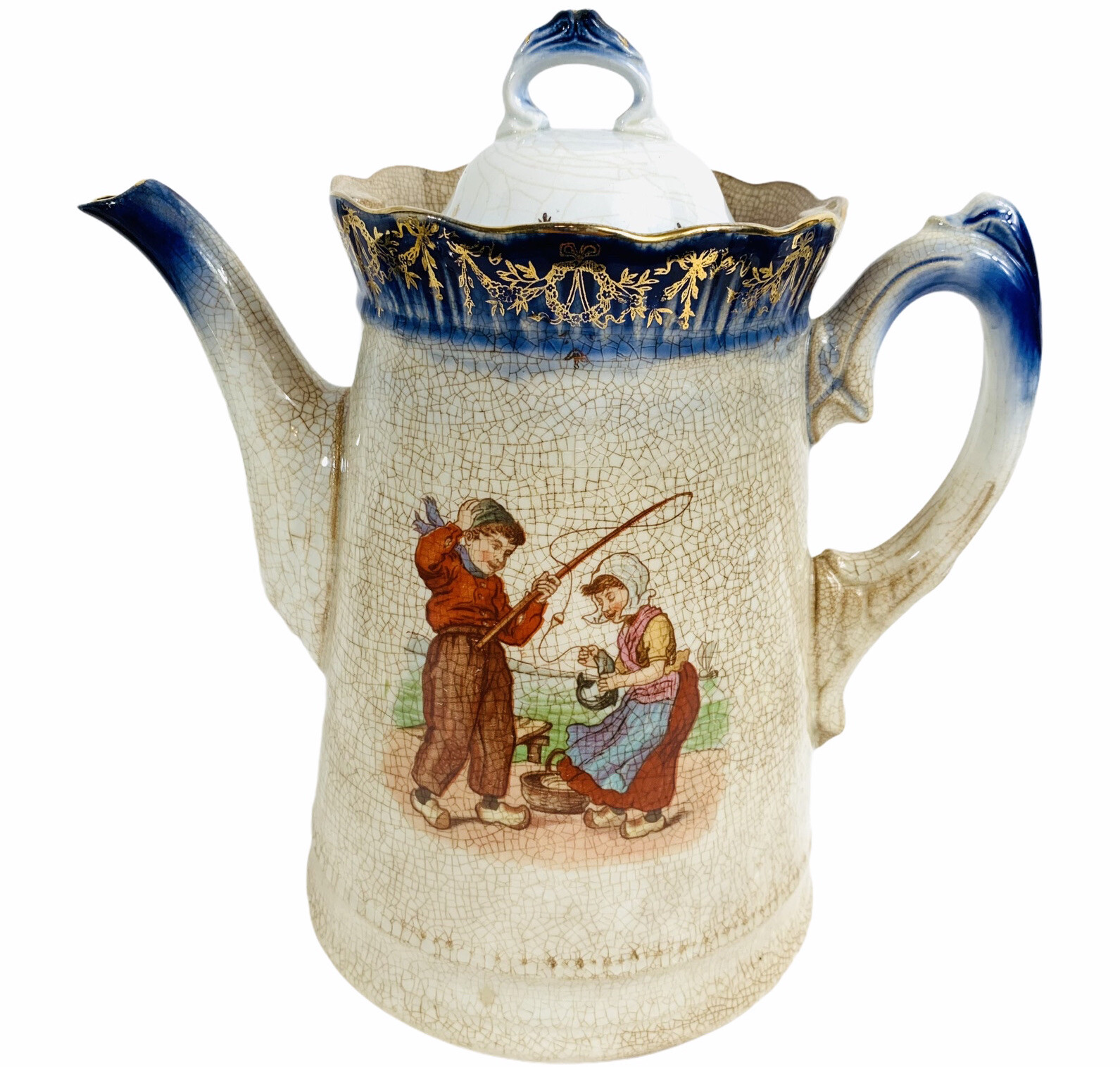 Antique American Limoges Flow Blue Transfer Ware Pot Children Fishing 11”H