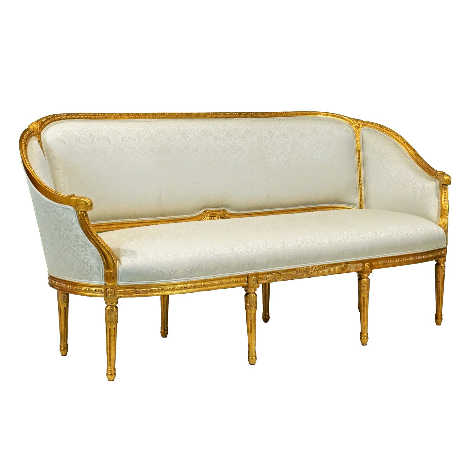 French Louis Sofa and 2 chairs antique gold leaf damask fabric