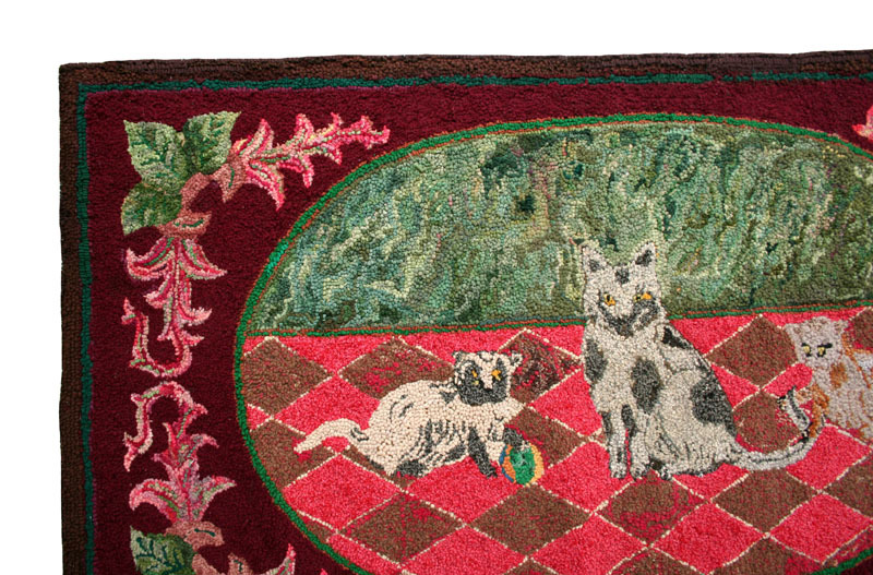 Antique Hand Hooked Rug, Exceptional, Family of Cats, circa 1930