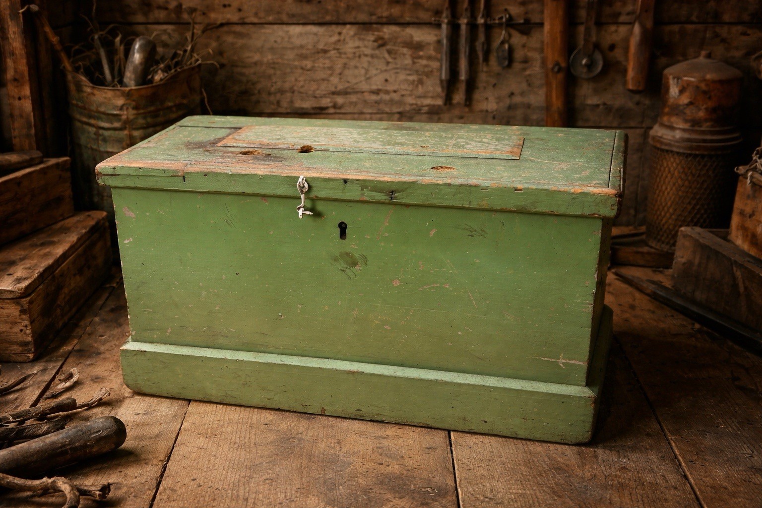 Primitive Wood Trunk Document Box Carpenters Chest Tool Box Old Green Paint