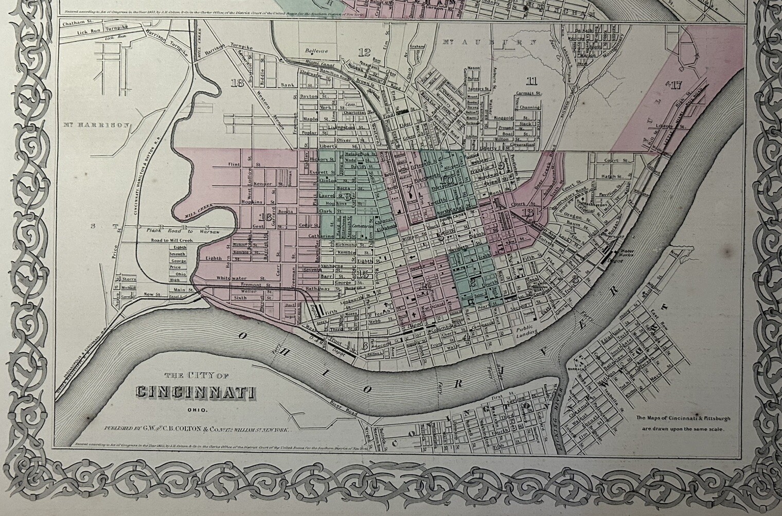 1870 Colton’s Pittsburgh & Cincinnati Plans Hand Coloured Antique Map 17″ x 14″