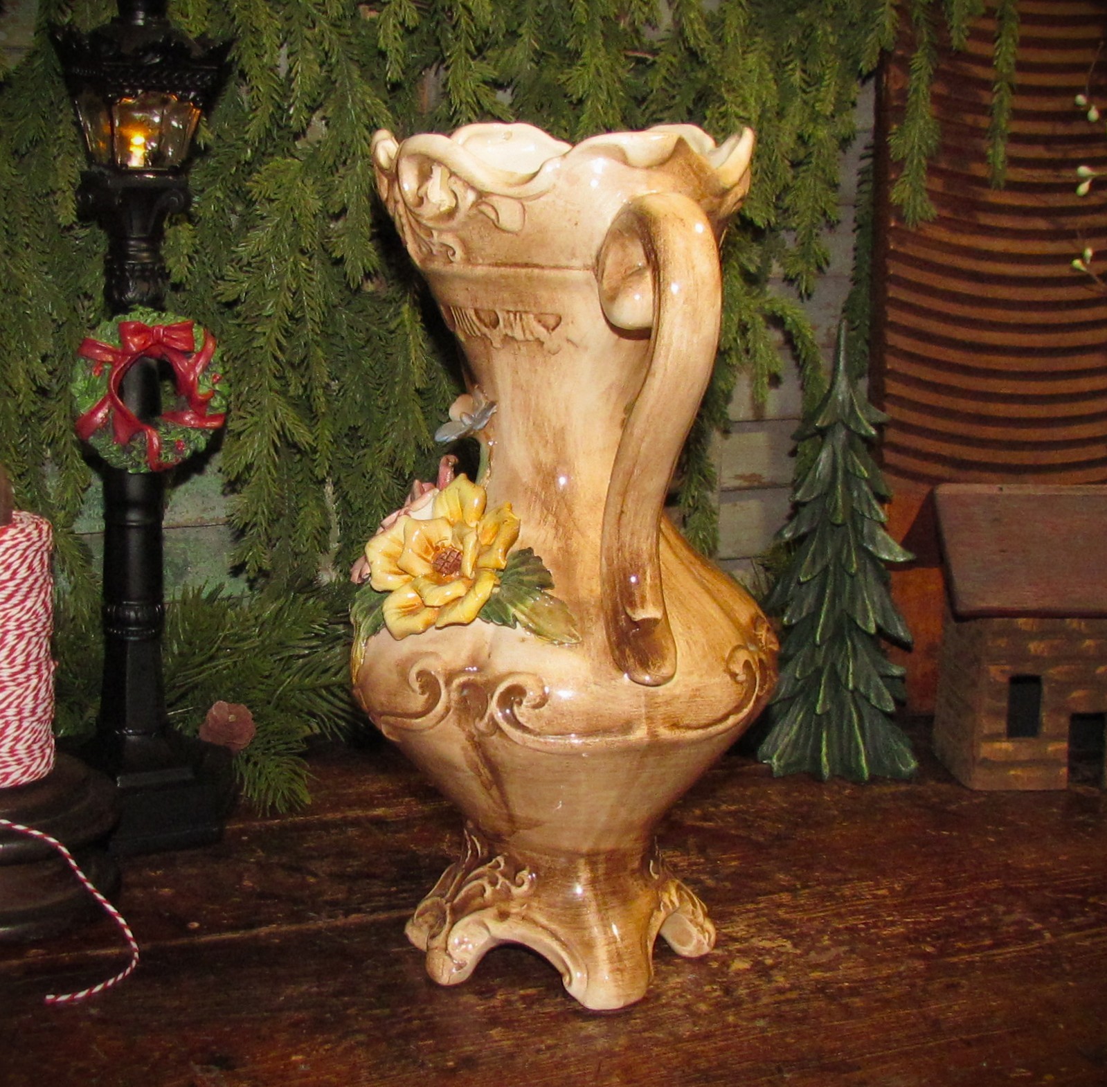 Vintage 1949 Capodimonte Flower Double Handle Rose Vase Italian Porcelain Signed