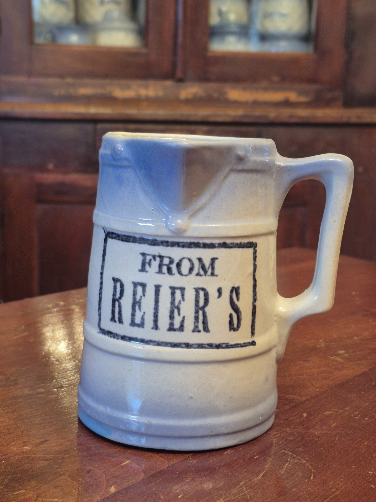 EXTREMELY RARE Blue & White Stoneware Pitcher Salt Glaze REIER’S Advertising