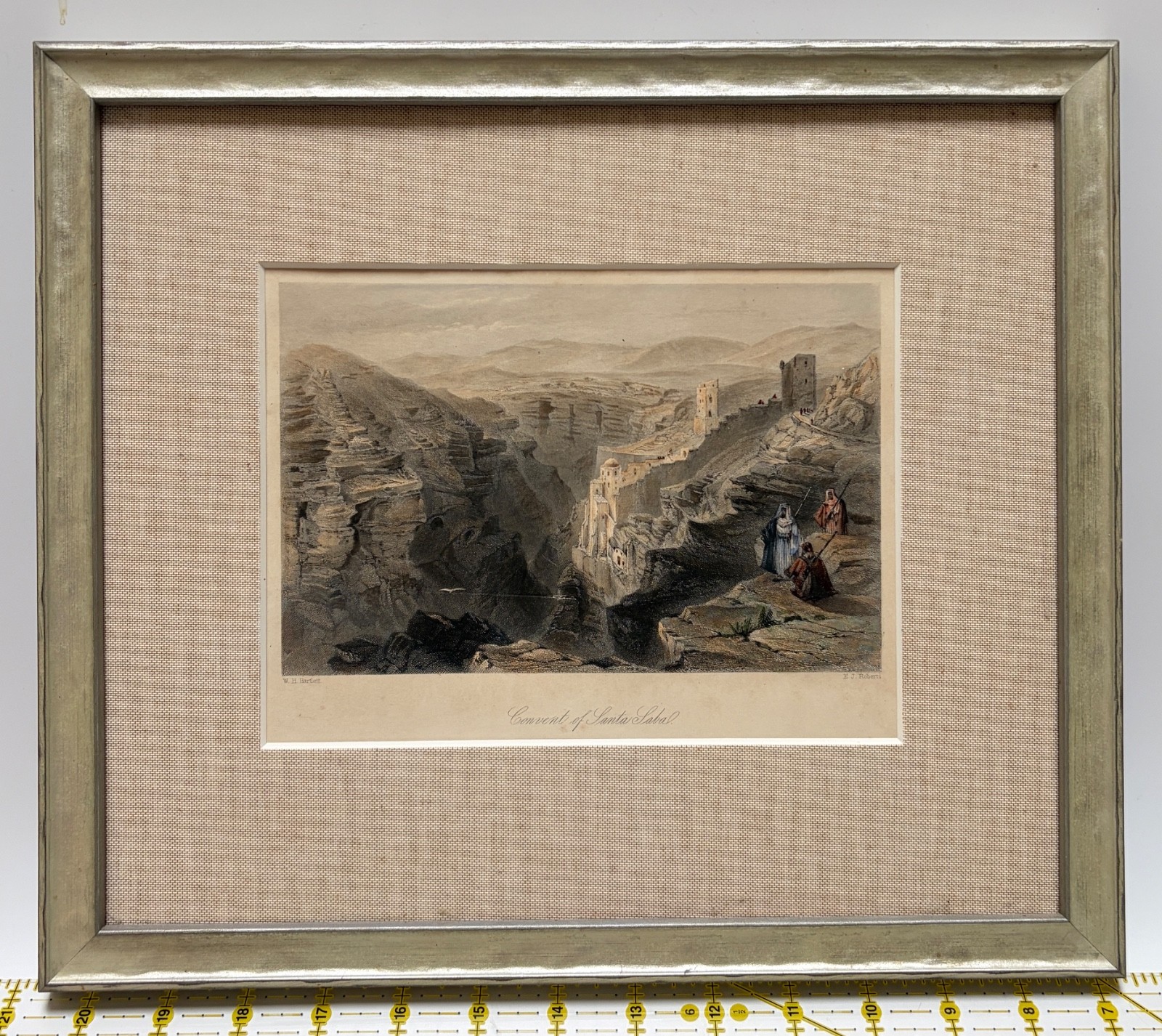 Antique 1855 Framed Steel Engraving Bartlett Roberts Mar Saba Monastery 14″x12″