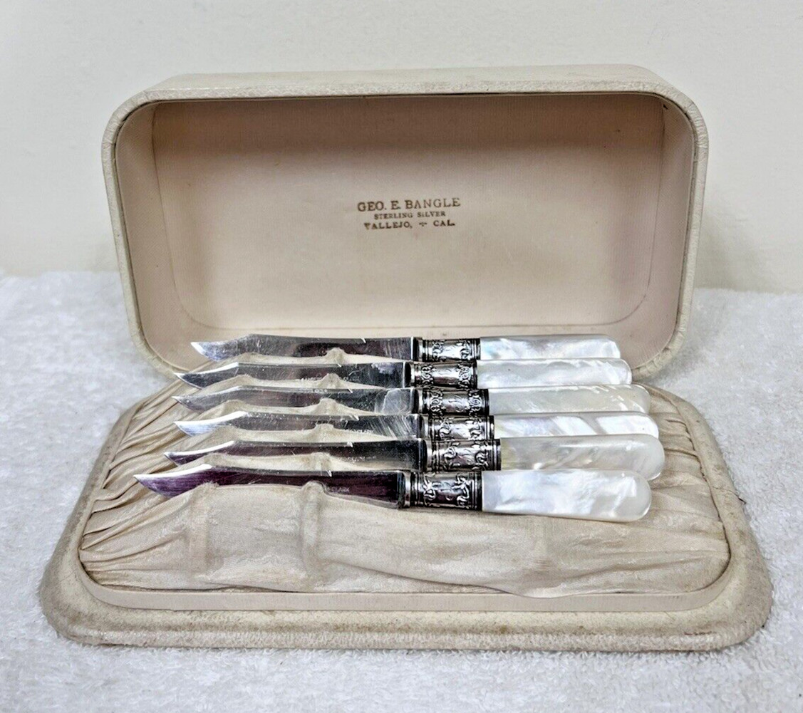 Boxed Lot 6 Landers Frary & Clark Mother Of Pearl Sterling Banded Handle Knifes