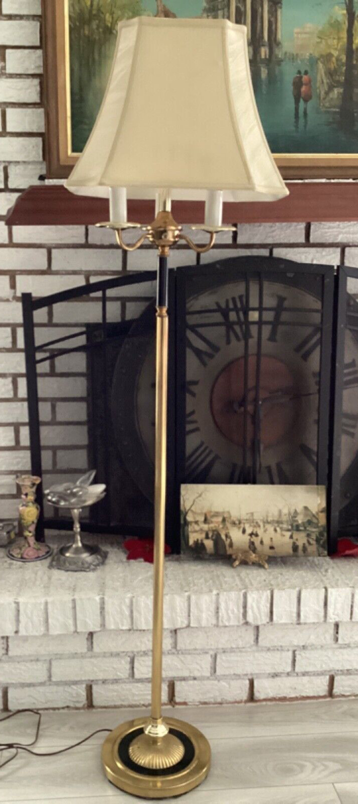 4 Light Antique/Vintage Brass Floor Lamp With Shade