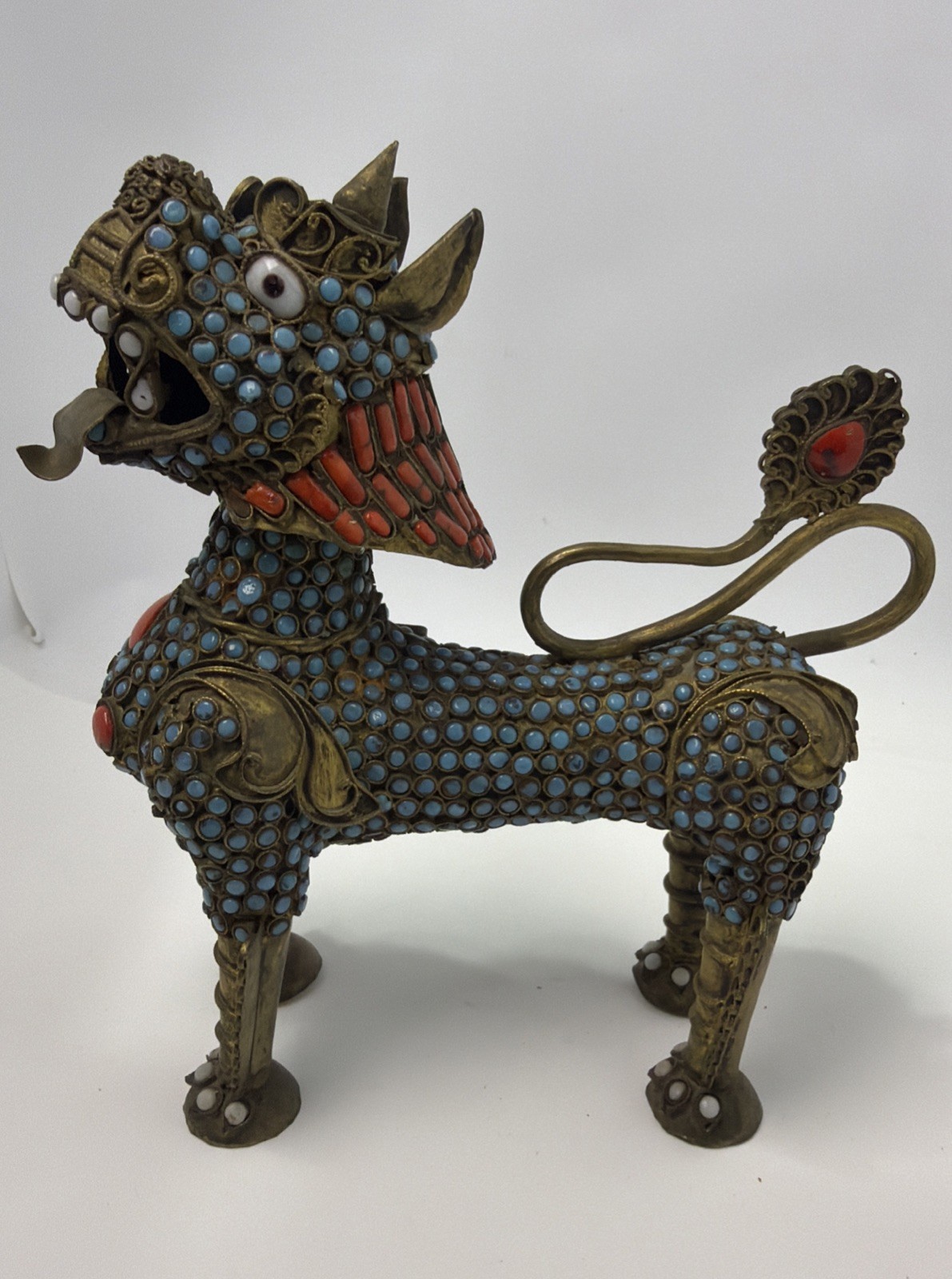 Tibetan Brass Turquoise & Coral Kylin Foo Dog Incense Burner 6” Tall