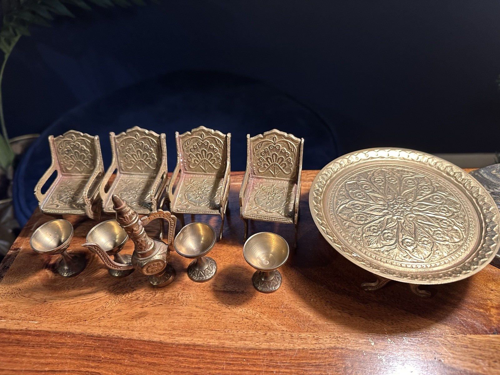 Vintage Brass Miniature Middle Eastern Coffee Table Set With Chairs & Goblets