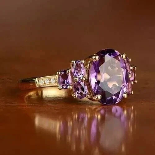 3Ct Oval Cut Lab Created Amethyst Women Wedding Gift Ring 14K Yellow Gold Plated