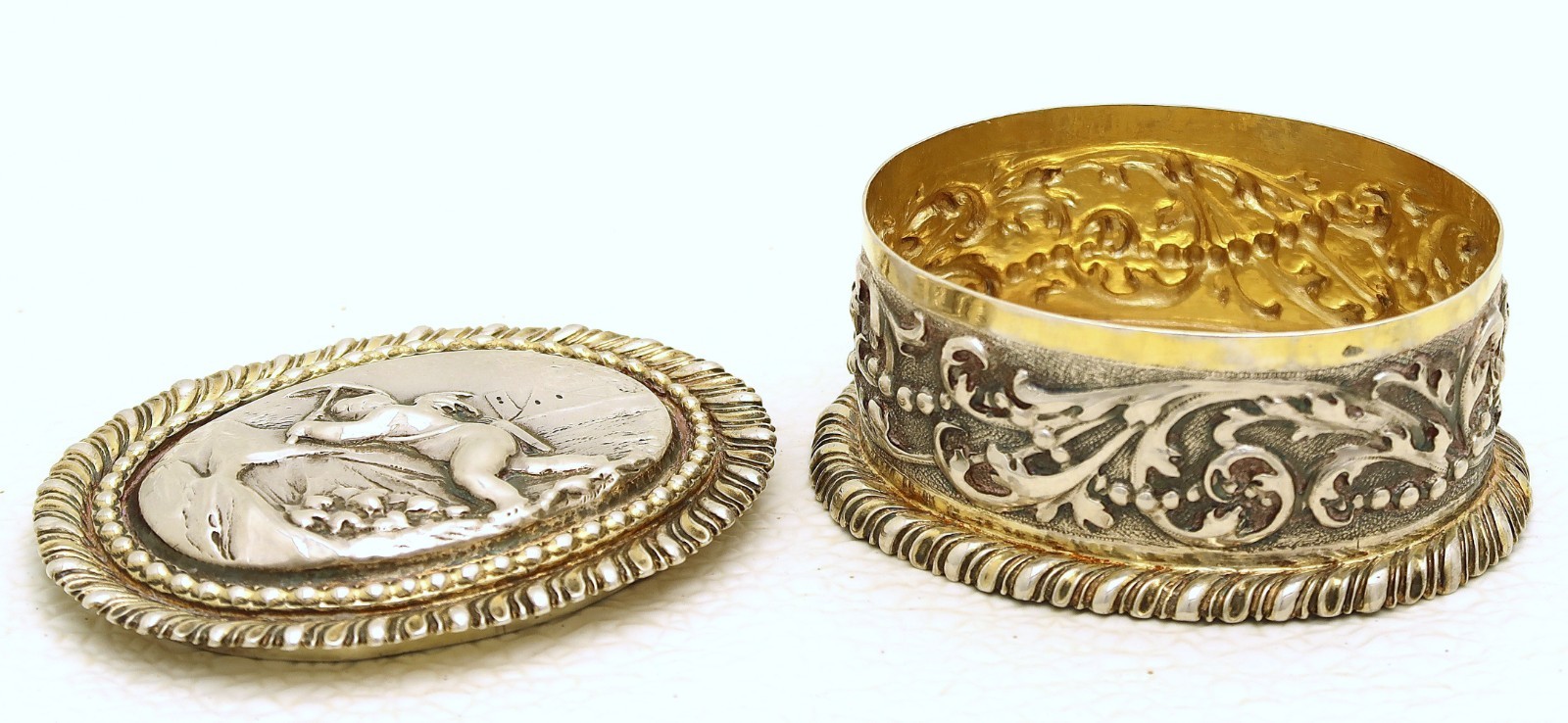 Riga Solid Silver Gilt Curio Box Figural Cherub Mining Marked IB circa 1700