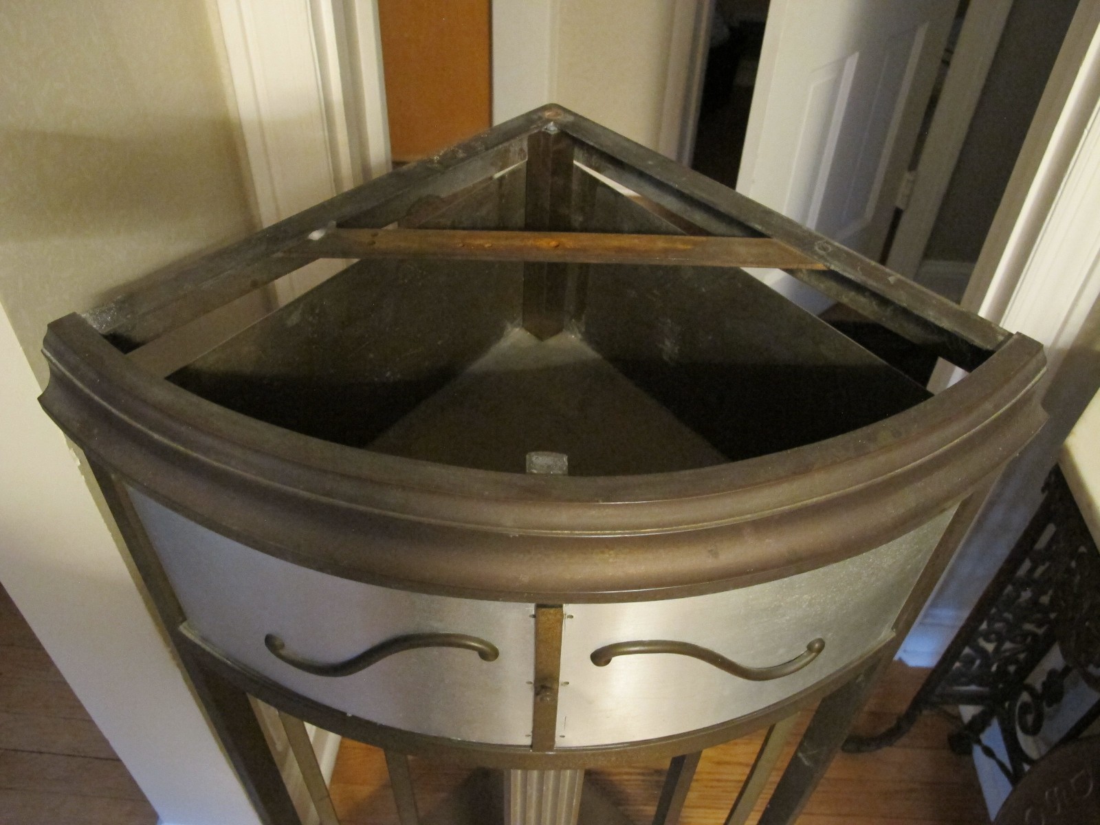 antique brass or bronze corner table pedestal – slate (or stone ?) top