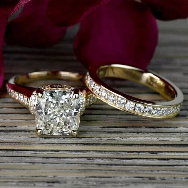 4 Ctw Cushion Cut VVS1 Moissanite Bridal Set Wedding Ring 14K Yellow Gold Plated