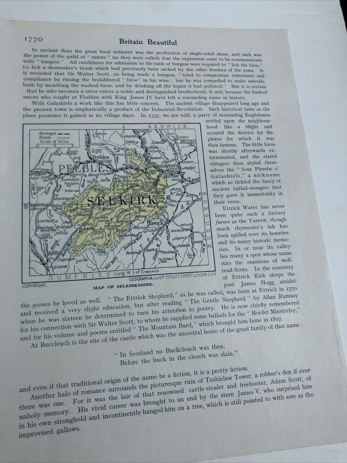 1923: Map Of Selkirkshire Selkirk County Print Vintage Tweed Near Thornielee D