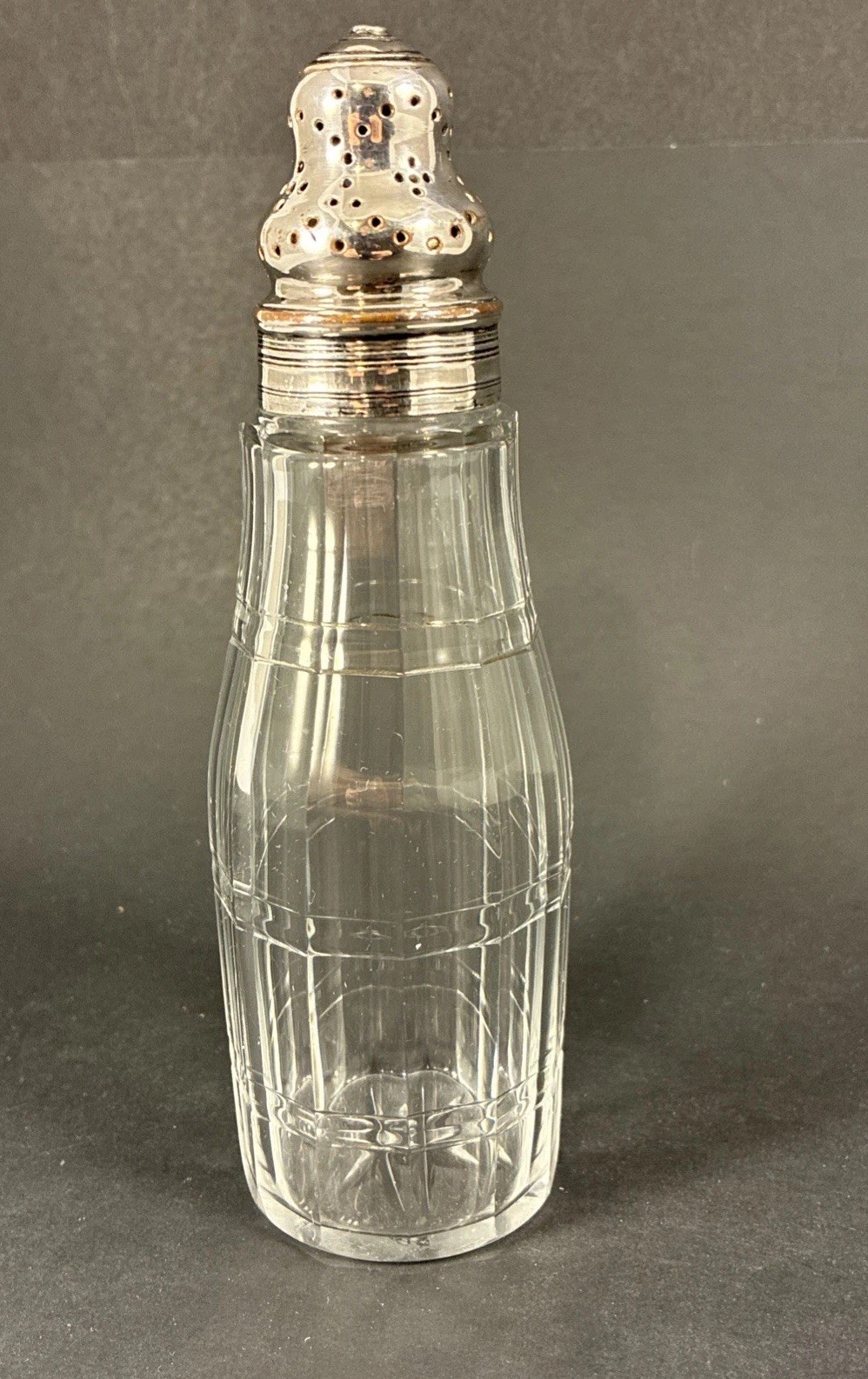 Vintage Silver Plate Top/Cut Glass Sugar Sifter Caster Muffineer Shaker 6 1/4”