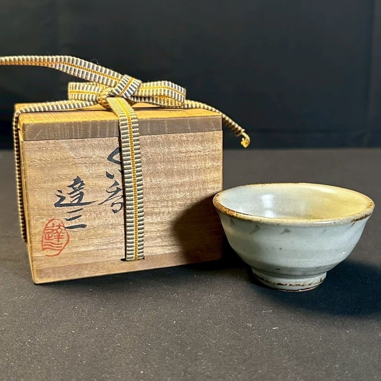 Tatsuzo Shimaoka Mashiko Sake Cup Guinomi With Wooden Box Pottery Art Vintage