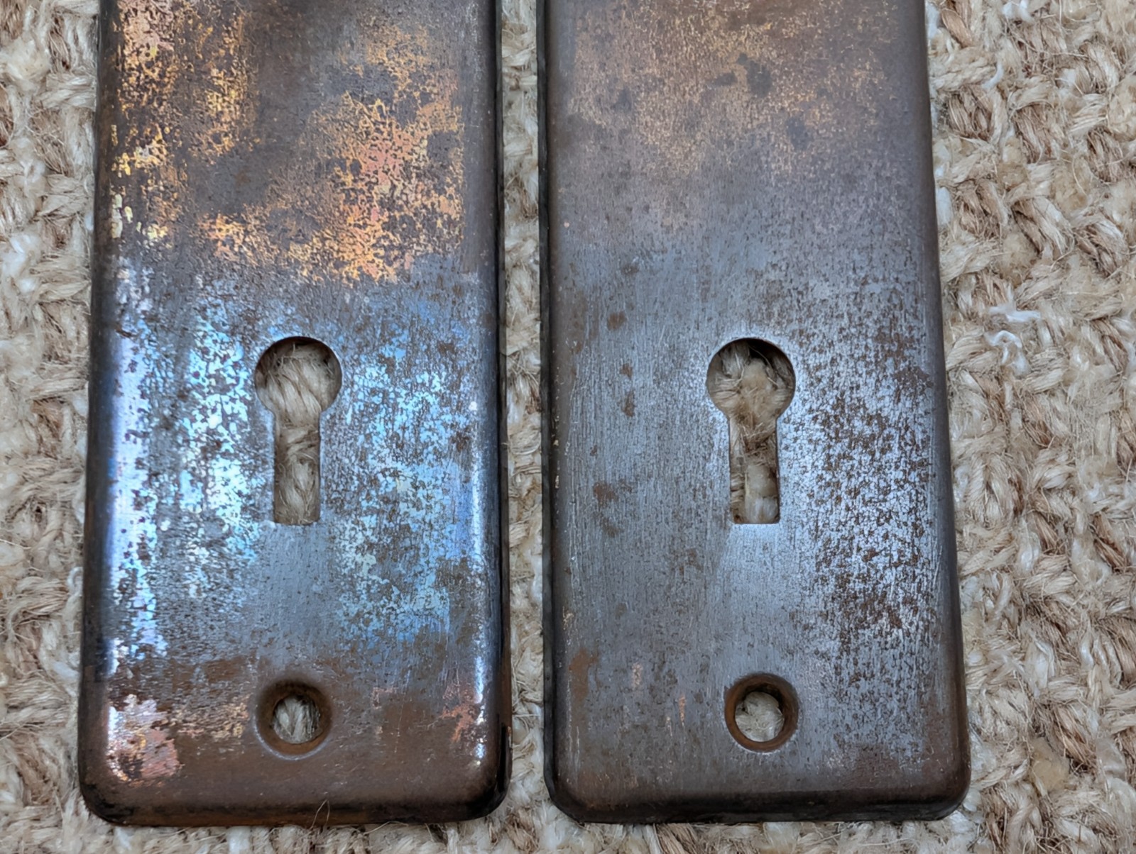 Pair 1 5/8″ x 5 1/2″ Antique Stamped Steel Door Knob Plates