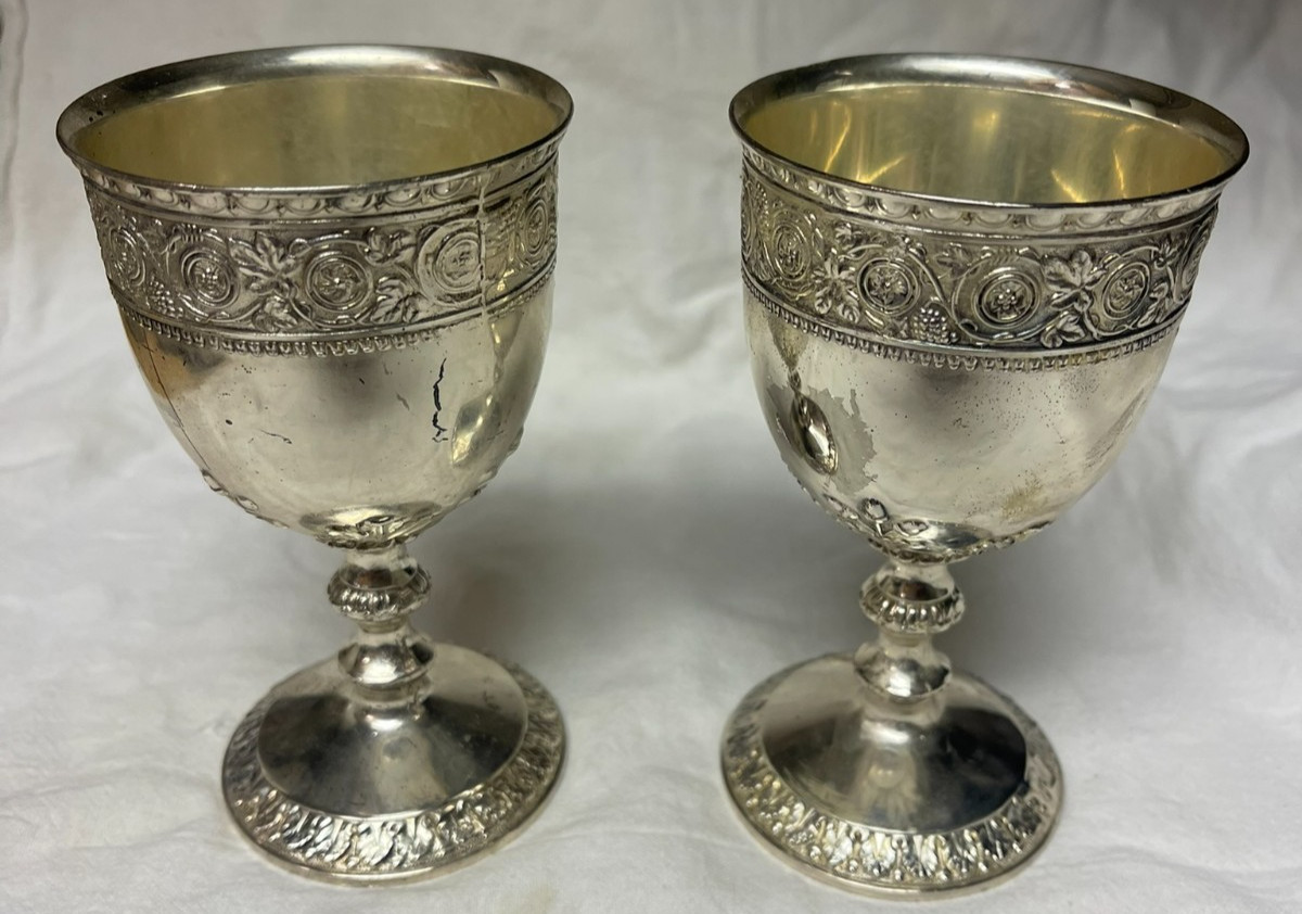 2 Vintage C & Co Silver Plated Chalice Goblets Wine Glasses Ornate Stemware Set