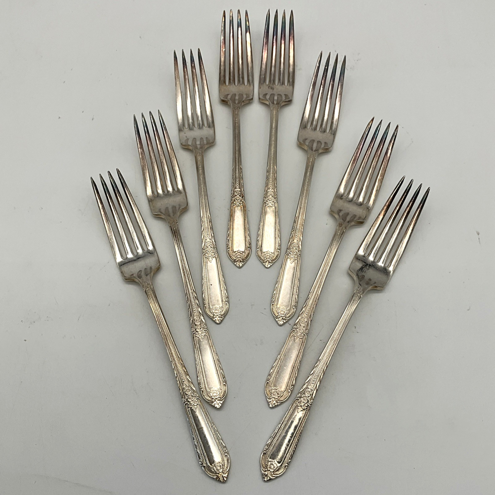 8 Rogers Cotillion Silverplate Dinner Forks 7 Inch Floral Art Deco Flatware