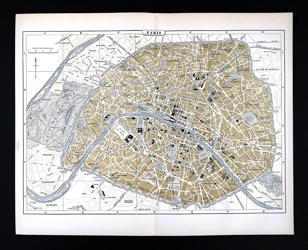 1896 Johnson Map Paris France City Plan Champs Elysees Tuileries Parks Landmarks