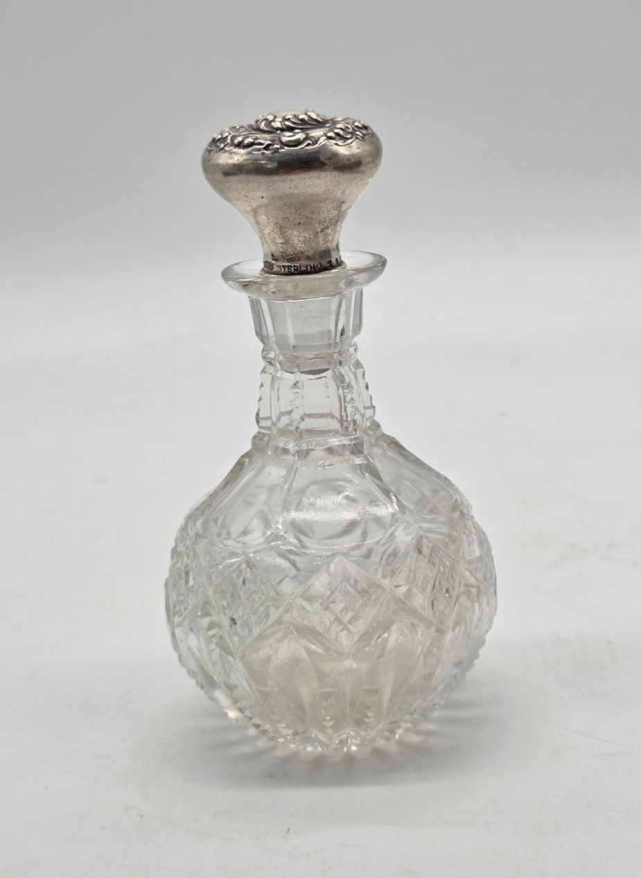 Antique Wallace Art Nouveau Sterling Stopper & Cut Crystal Scent Bottle c1890