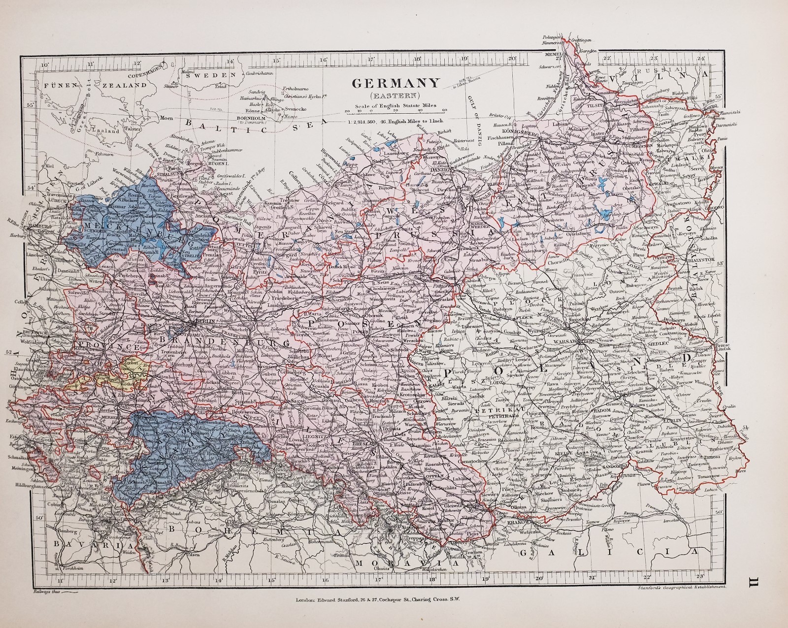STANFORD’S 1889 HAND COLOURED MAP EASTERN GERMANY POSEN BRANDENBURG BERLIN