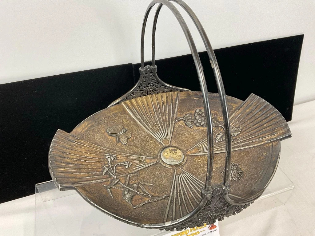 Antique Silver Plated Meriden Bride Basket 1869-1930 Beautiful Birds Butterflies