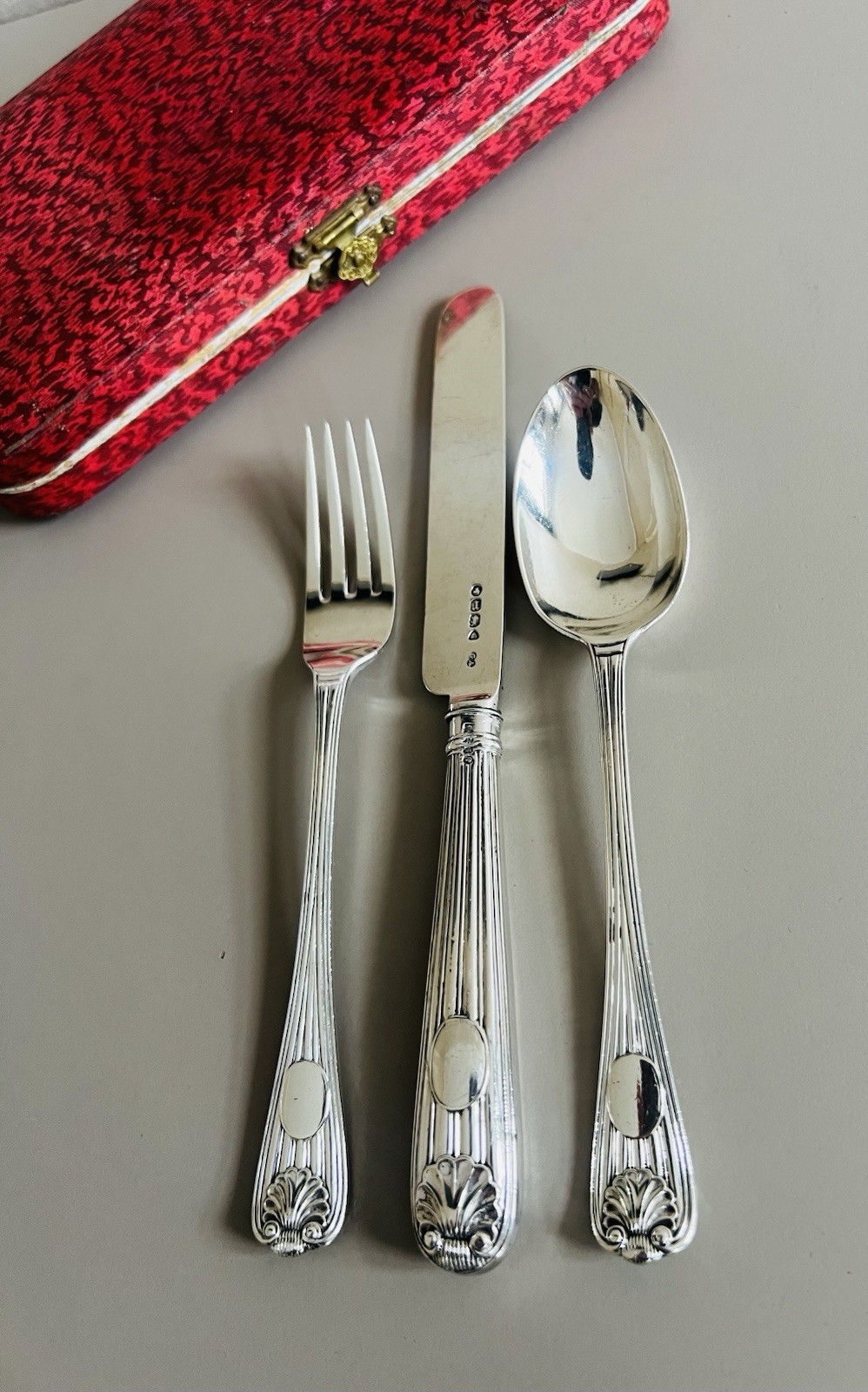 Antique Solid Silver Cutlery Set Victorian Era 1872 Titanic Panel Reed Pattern