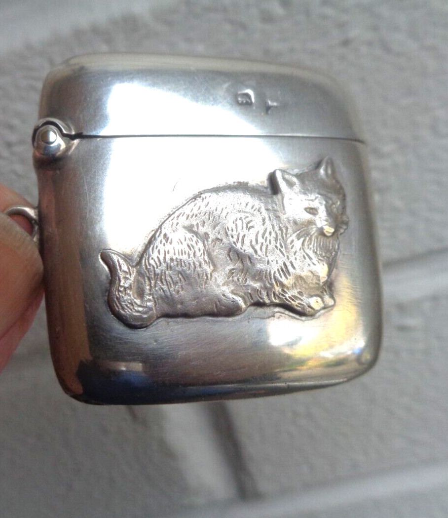 Silver Vesta Match Safe CAT Antique Sterling hm 1904 Sheffield by Walker & Hall
