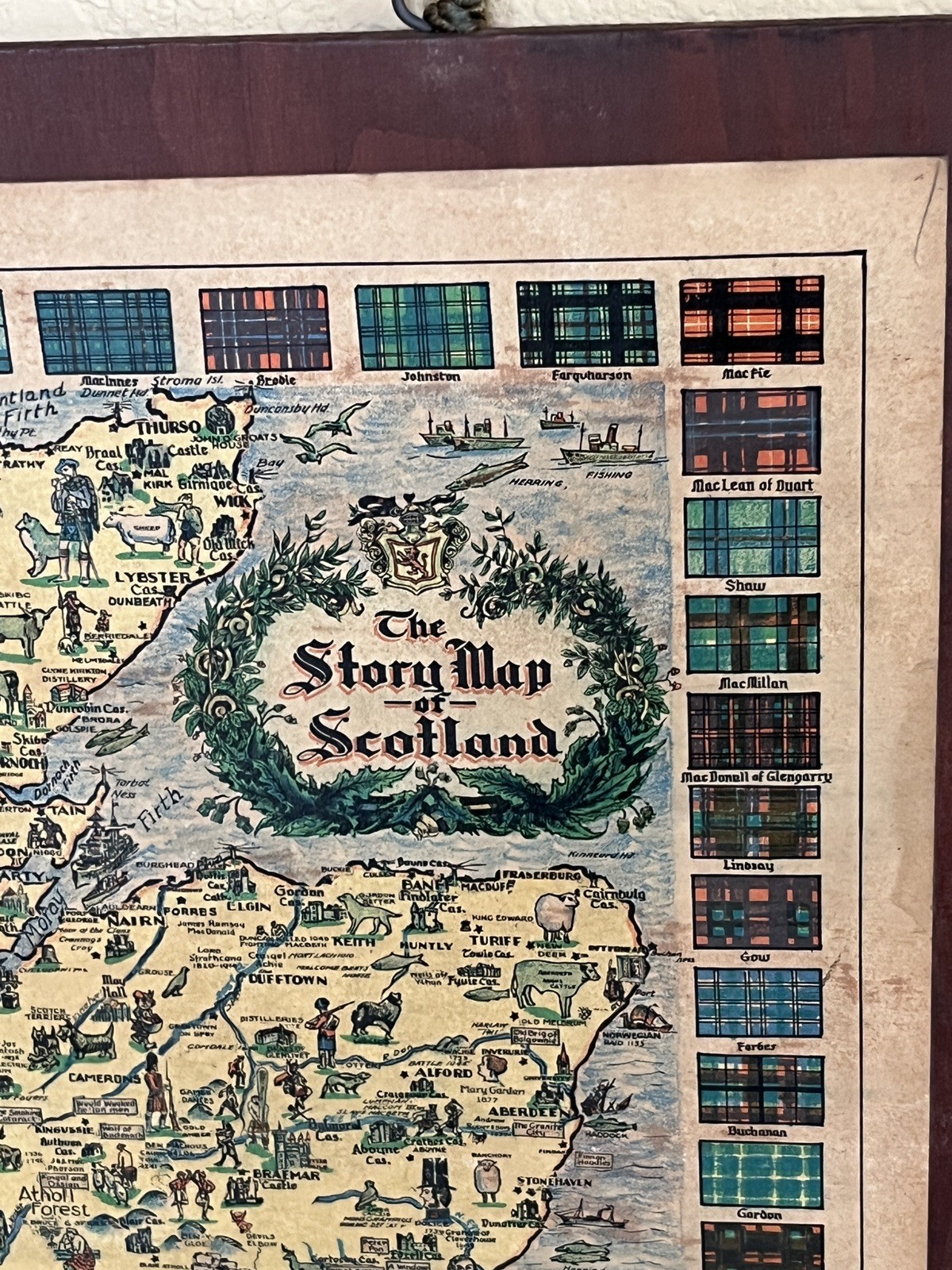 Vintage 1939 ‘The Story Map Of Scotland’ On Wood Placard 15” X 17” Hand Colored!