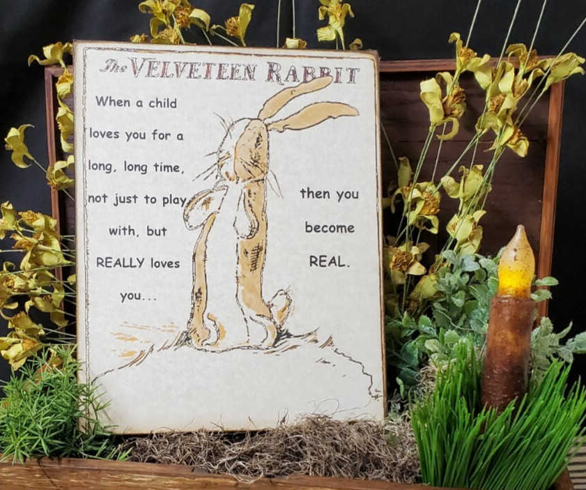PRIMITIVE ANTIQUE VINTAGE FOLK ART SHABBY STYLE VELVETEEN RABBIT BUNNY REAL SIGN