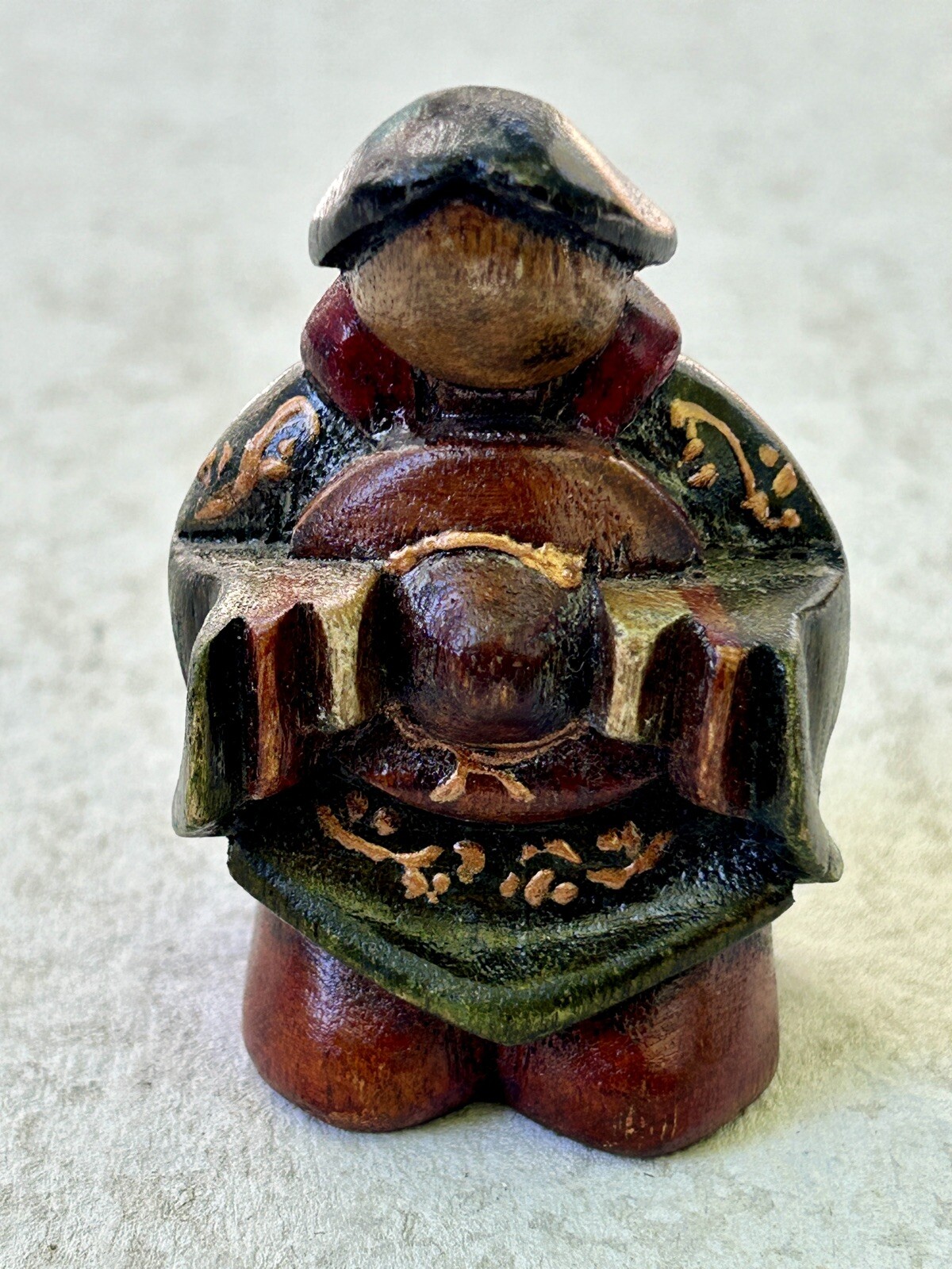 Japanese Polychrome Wood Okimono Karako Boy w/ Hat Gold Trim Cloak 3″ 60s VTG