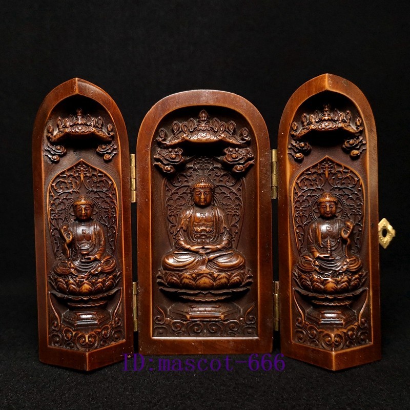 4 Inch Old Chinese Hand-carved Boxwood 3 Tathagata Buddha Statue Desk Decoration